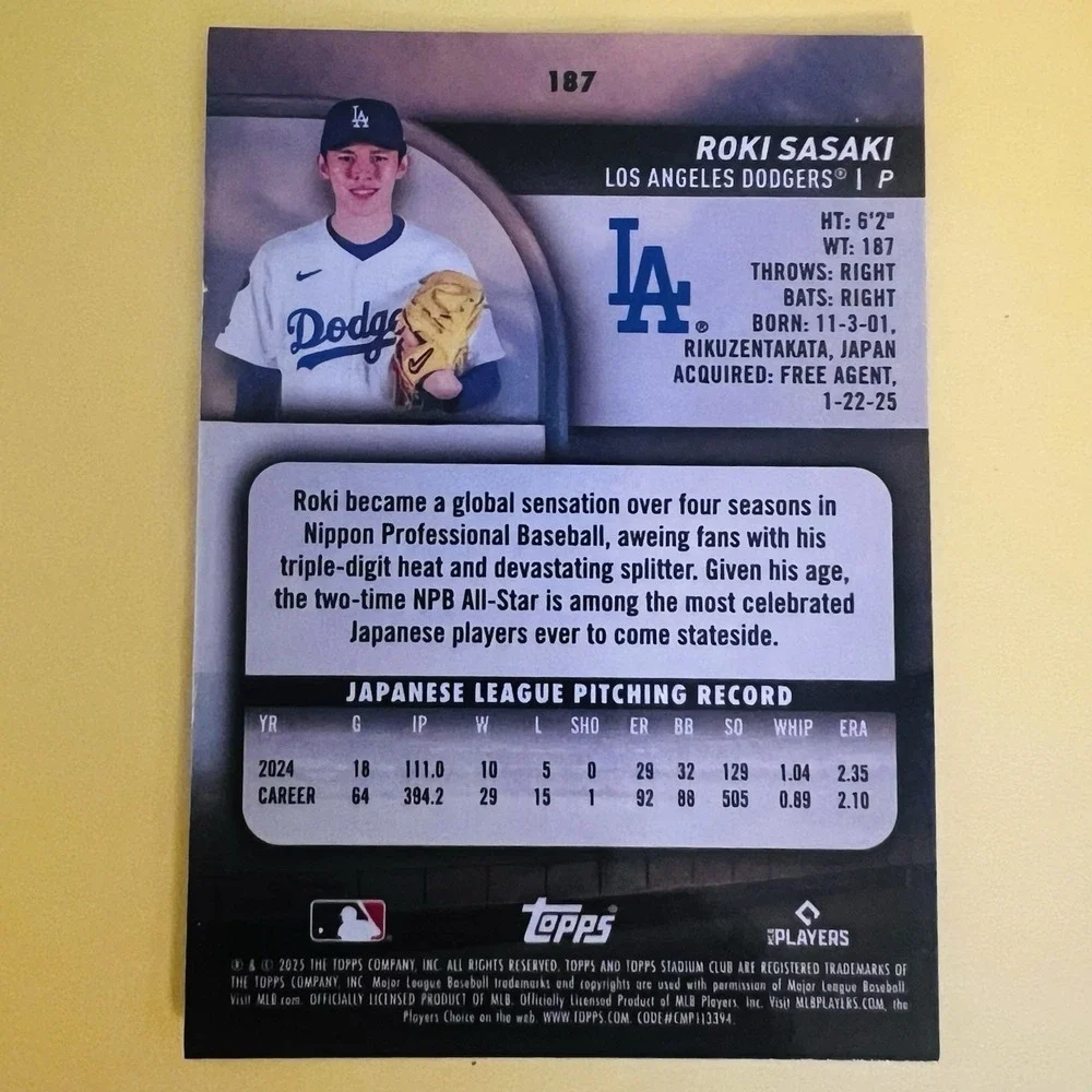 2025 Topps Stadium Club Baseball Roki Sasaki RC #187 Los Angeles Dodgers‎